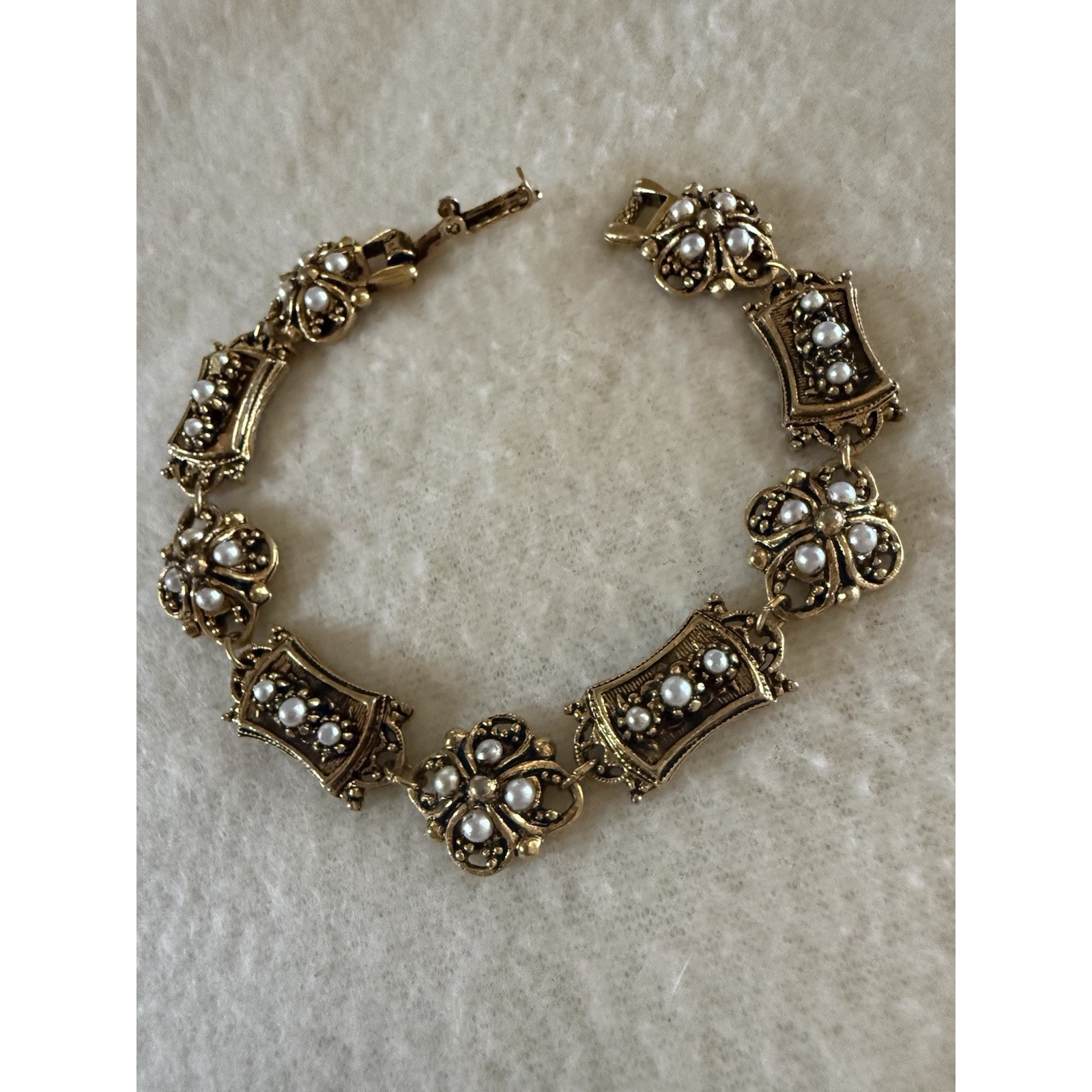 Art Vintage Bracelet Antiqued Gold Seed Pearl Geometric Linked Signed 6 3/4